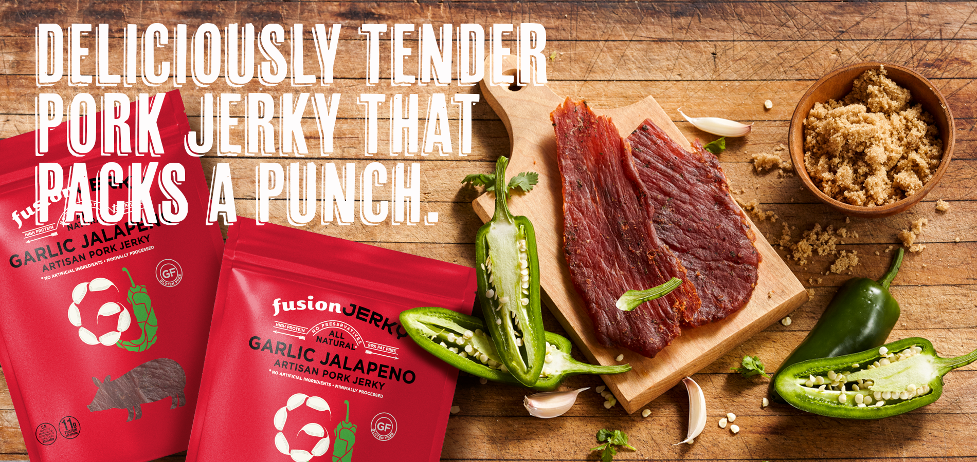 Fusion Jerky Garlic Jalapeno Pork Jerky. Deliciously tender pork jerky that packs a punch.
